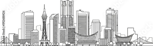 A diverse skyline featuring a tall tower, modern buildings, and unique architectural structures