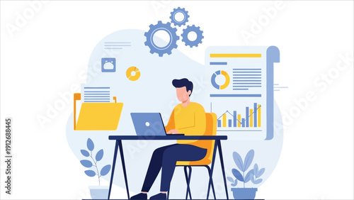 Man using laptop at tidy desk with floating interface elements. Concept of digital workflow, productivity, and tech workspace