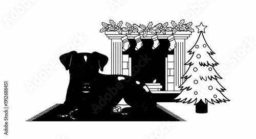 A dog rests on a rug before a fireplace with stockings and a Christmas tree