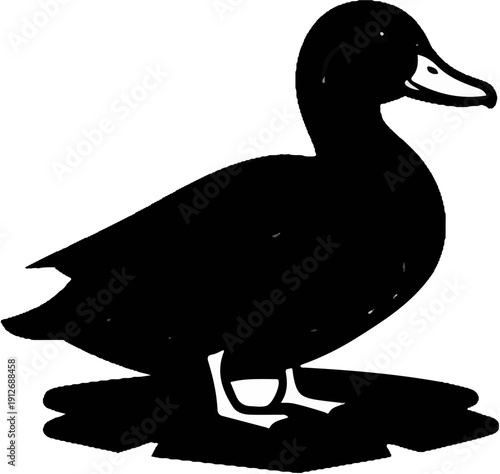 A black silhouette of a duck stands on a watery surface