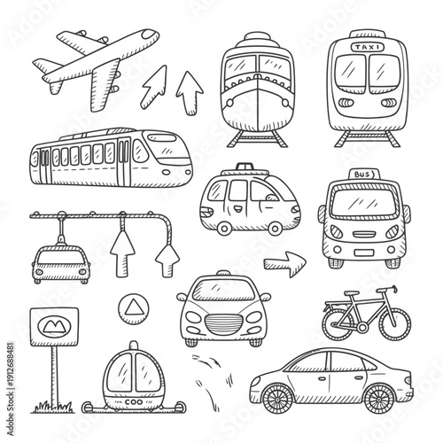Transportation doodle set: This charming illustration showcases a variety of transportation modes, perfect for conveying movement, travel, and connectivity in any design.