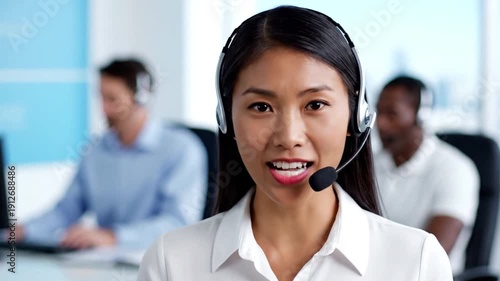 Smiling Customer Service: A friendly customer service representative, radiating warmth and professionalism, communicates via a headset.
