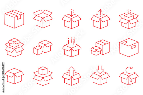 Collection of open cardboard box icons in a line