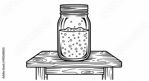 A bubbly liquid in a jar sits atop a wooden table