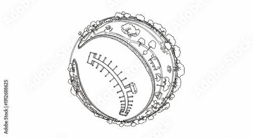 A circular planetscape with a curved marina and surrounding parkland