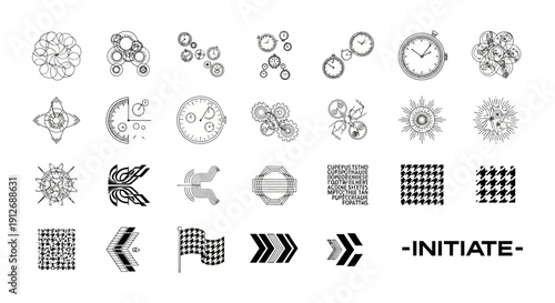 black and white graphic design elements featuring abstract patterns clock gears time symbols and dynamic arrows for modern tech branding.