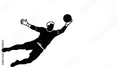 A black silhouette of a goalie leaping to catch a ball