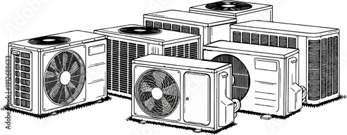 A collection of outdoor air conditioning units shown in a line drawing