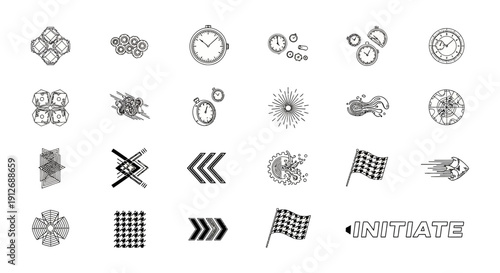 black and white line art icon set for time speed movement process and initiation concepts perfect for graphic design and tech projects.