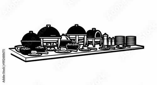 A buffet spread with chafing dishes, bowls of food, plates, and utensils