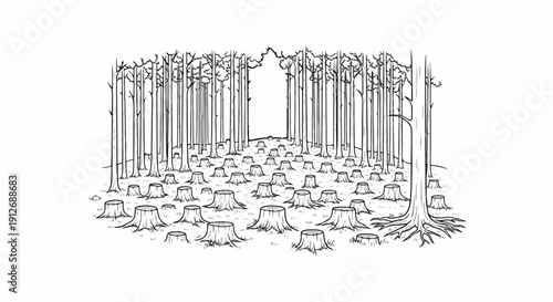 A dense forest clearing with numerous tree stumps and remaining trees
