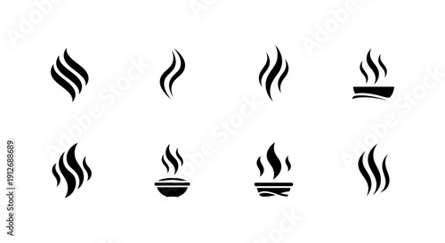 black and white minimalist steam icons for hot food beverages and spa perfect for menu design ui elements and wellness branding.
