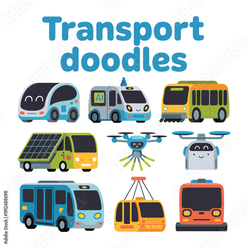 Transport Doodle Collection: A colorful and whimsical illustration showcasing a variety of innovative transport doodles, perfect for adding a touch of creativity to any project.