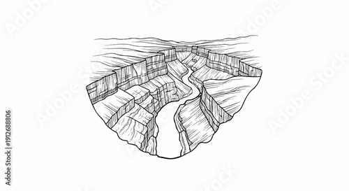 A dramatic black and white sketch of a vast canyon carved by a winding river