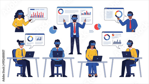 Vector illustration of professionals interacting with VR and computers. Team collaboration and data analysis in a digital workspace.