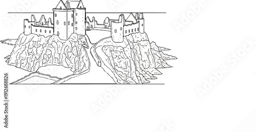 A dramatic ink sketch of ancient ruins perched atop rugged cliffs overlooking water