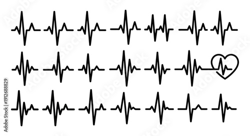 black electrocardiogram heartbeat pulse wave patterns and lines including a heart symbol illustrating medical health vitality and life.