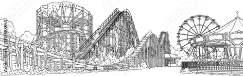 A classic amusement park scene featuring a wooden roller coaster and Ferris wheel