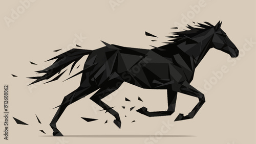 black geometric horse running shattering into abstract fragments on a light background symbolizing speed power tech.