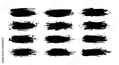 black grunge brush strokes and ink splatters versatile artistic texture elements on white for modern graphic design.