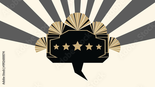 art deco five star rating badge elegant fan motifs striking sunburst background ideal for luxury branding and premium reviews.