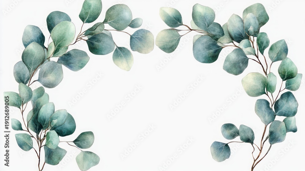 Fototapeta premium Eucalyptus wreath, green leaves, white background, wedding invitation design