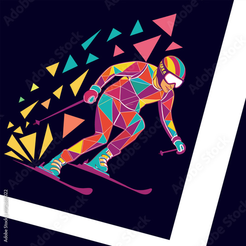 Colorful Low Poly Skier in Action – Modern Geometric Winter Sports Illustration.