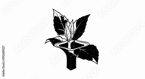 A black and white sketch of a stylized plant emerging from a cuboid base