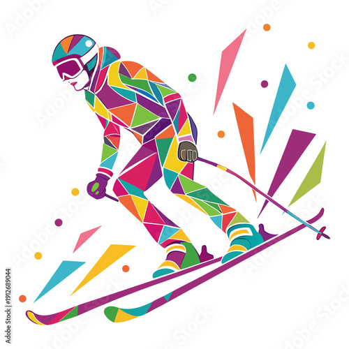 Colorful Low Poly Skier in Action – Modern Geometric Winter Sports Illustration.