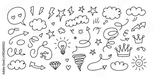 Large collection of hand drawn doodle sketches including speech bubbles stars clouds arrows and icons elements