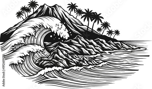 A dramatic wave crashes against a rocky, palm-fringed island peak