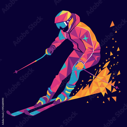 Colorful Low Poly Skier in Action – Modern Geometric Winter Sports Illustration.