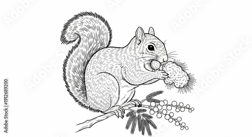 A detailed black and white drawing of a squirrel eating on a branch