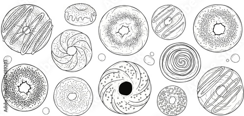 A collection of various illustrated bagels and pastries in a whimsical style