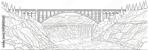 A dramatic waterfall cascades down rugged cliffs under a grand arched bridge