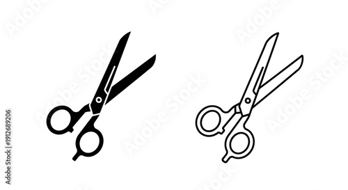 Two pair of scissors, open and closed, black and white line drawing, simple design Vector