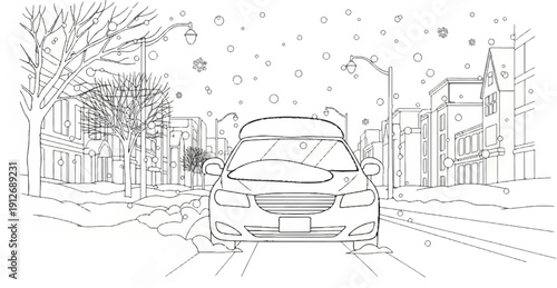 A car sits on a snowy street in a town with bare trees and falling snow