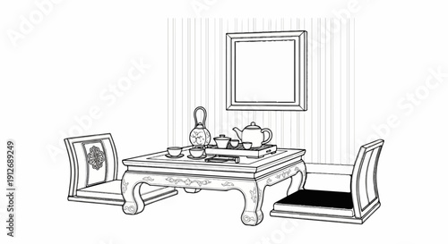 A drawing of a table with tea set and chairs