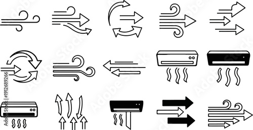 A collection of vector icons illustrating air flow and air conditioning units