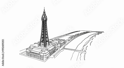 A detailed black and white drawing of a tall, lattice tower with buildings and a seaside promenade