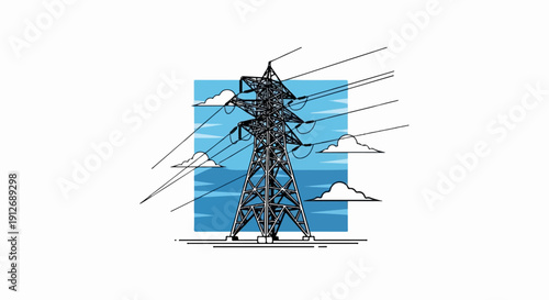 A drawing of an electrical pylon against a blue sky with clouds
