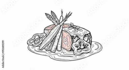 A drawing of a raw meat cut with fresh vegetables on a plate