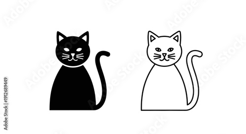 Two cats, one black and one white, sitting side by side, facing the same direction. Vector