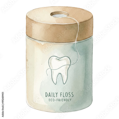 Summer Dental Floss Container Watercolor Illustration Isolated on White Background
