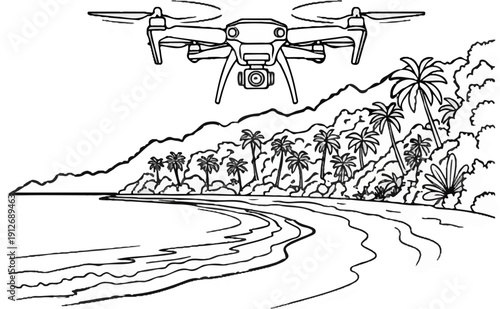 A drone flies over a tropical coastline with palm trees and waves