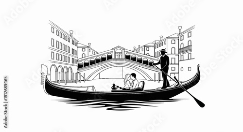 A couple enjoys a romantic gondola ride beneath a grand bridge