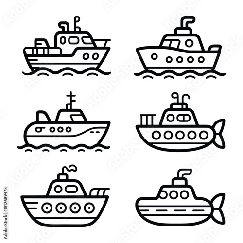 Vessel Collection: A graphic compilation of various vessels, offering a glimpse into maritime diversity through detailed line art.