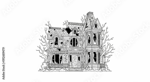 A detailed black and white illustration of a decaying, abandoned Victorian mansion