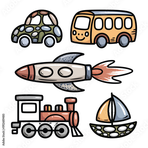Whimsical Transport Collection: A delightful ensemble of hand-drawn vehicles sparks imagination and invites young minds to explore the world of travel, featuring a car, a bus, a rocket, a train.