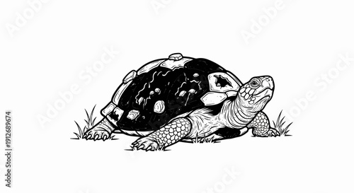 A detailed black and white illustration of a tortoise on grass